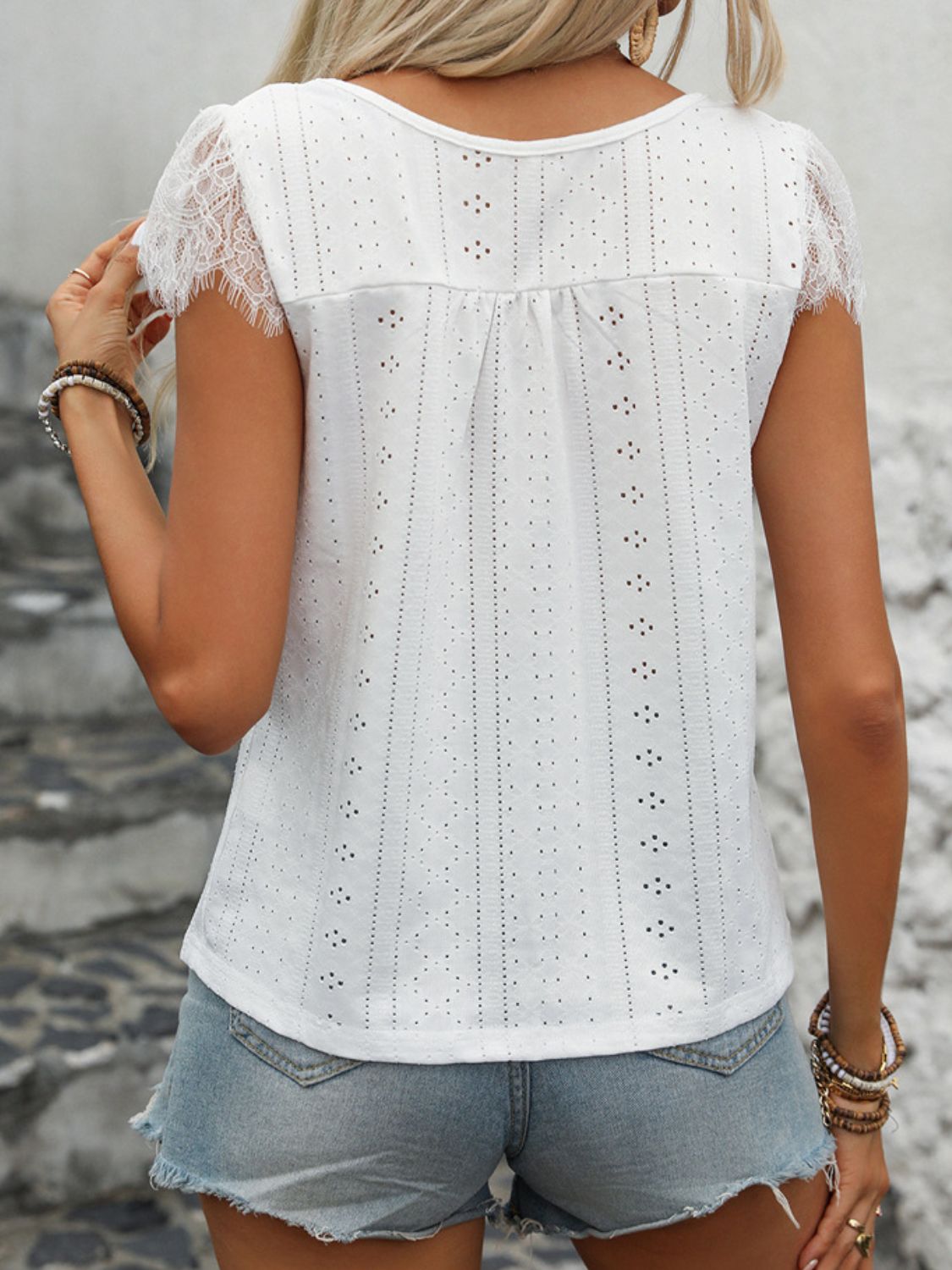 Eyelet Lace Detail V-Neck Cap Sleeve Top - RebelReine Apparel & Co.