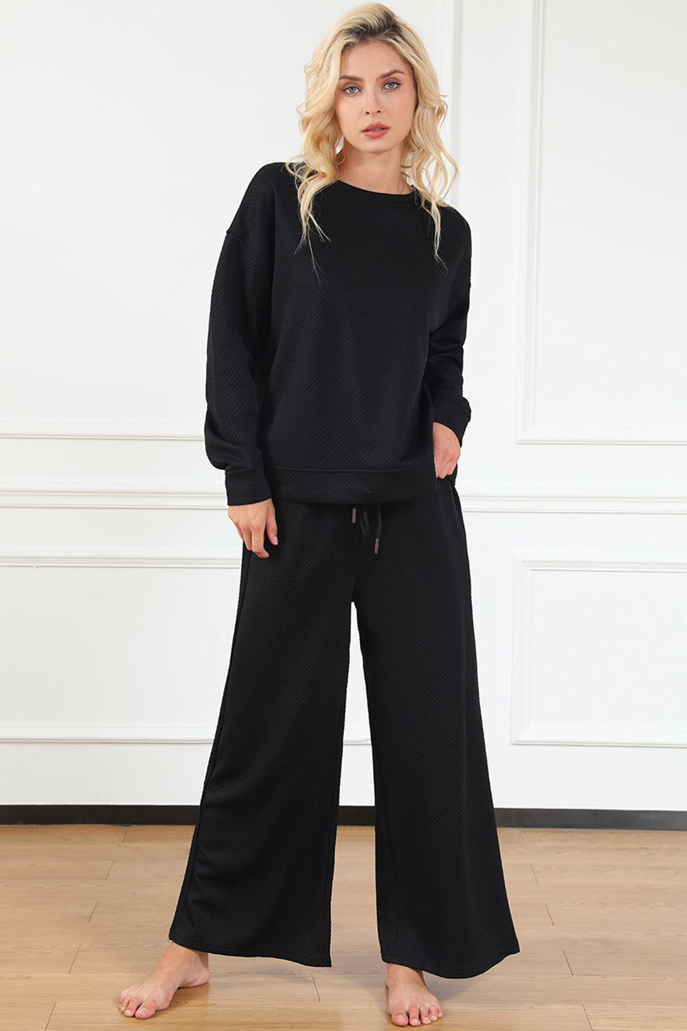 Double Take Full Size Textured Long Sleeve Top and Drawstring Pants Set - RebelReine Apparel & Co.