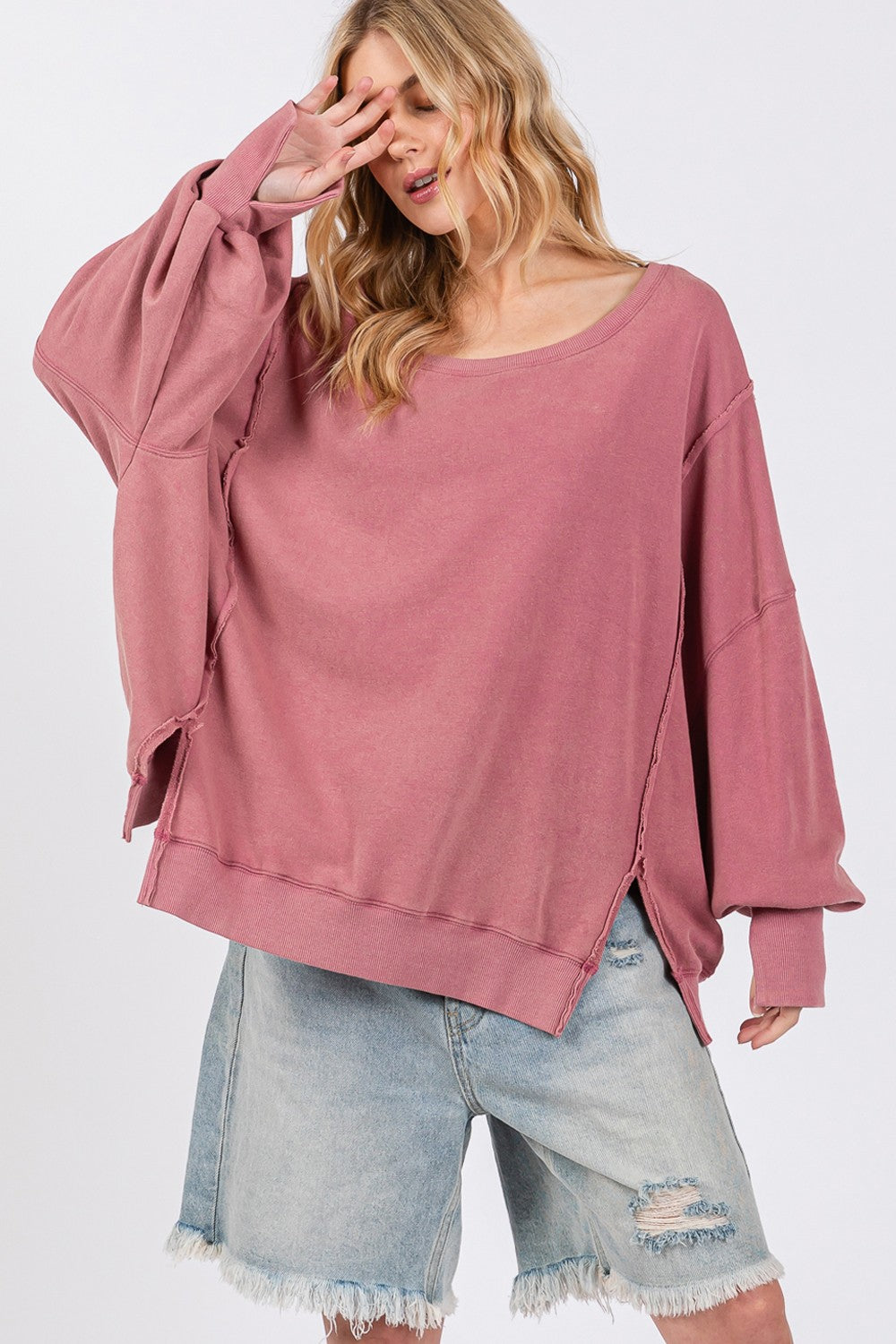 SAGE + FIG Mineral Wash Side Slit Oversized Sweatshirt