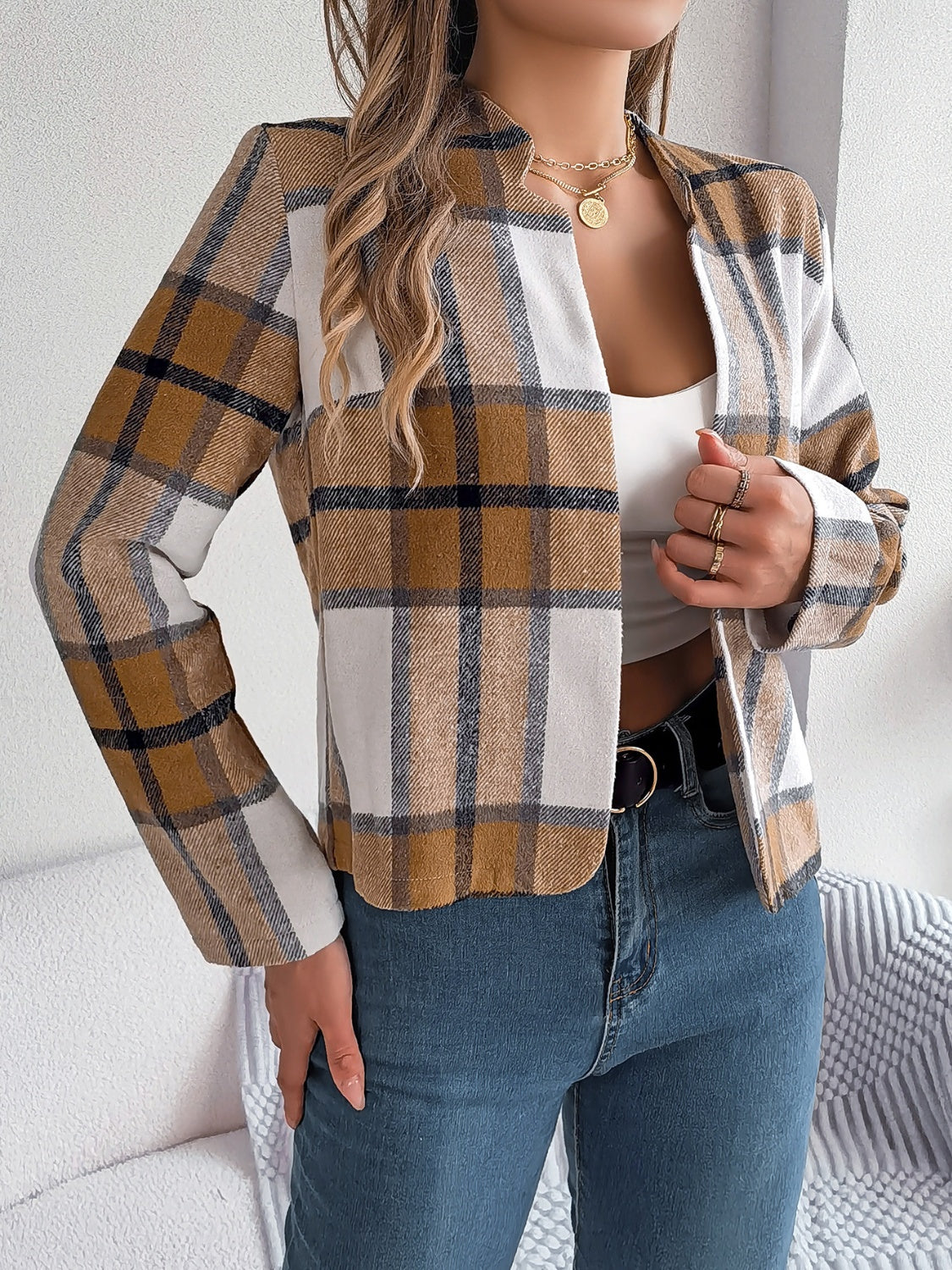 Plaid Open Front Long Sleeve Jacket