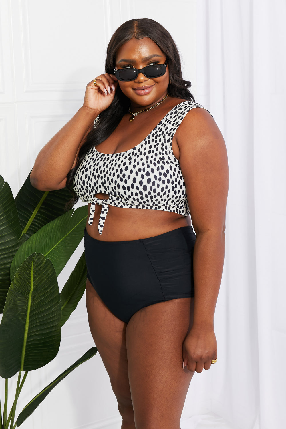 Marina West Swim Sanibel Crop Swim Top and Ruched Bottoms Set in Black - RebelReine Apparel & Co.