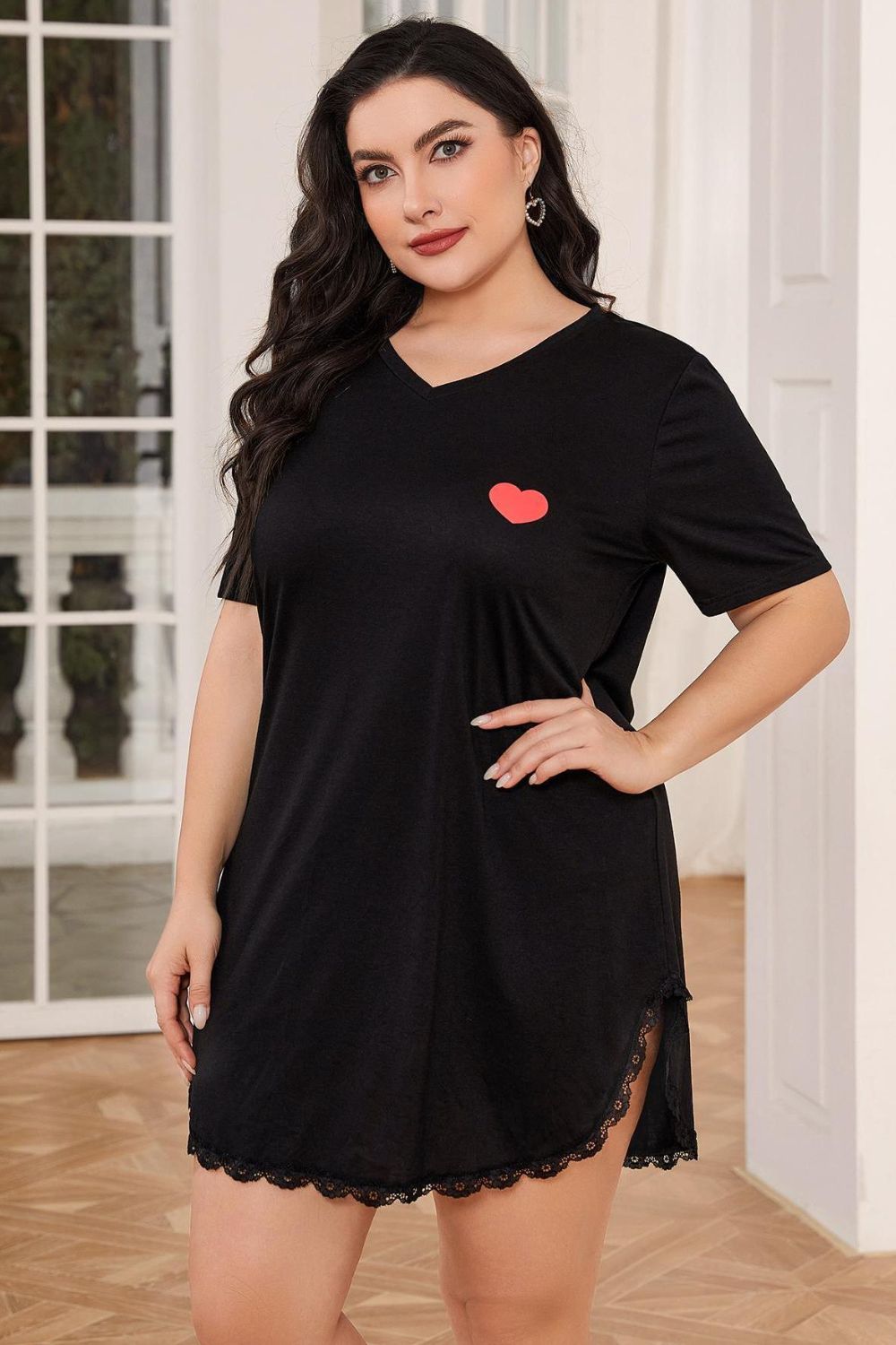 Plus Size Lace Trim V-Neck Short Sleeve Night Dress - RebelReine Apparel & Co.