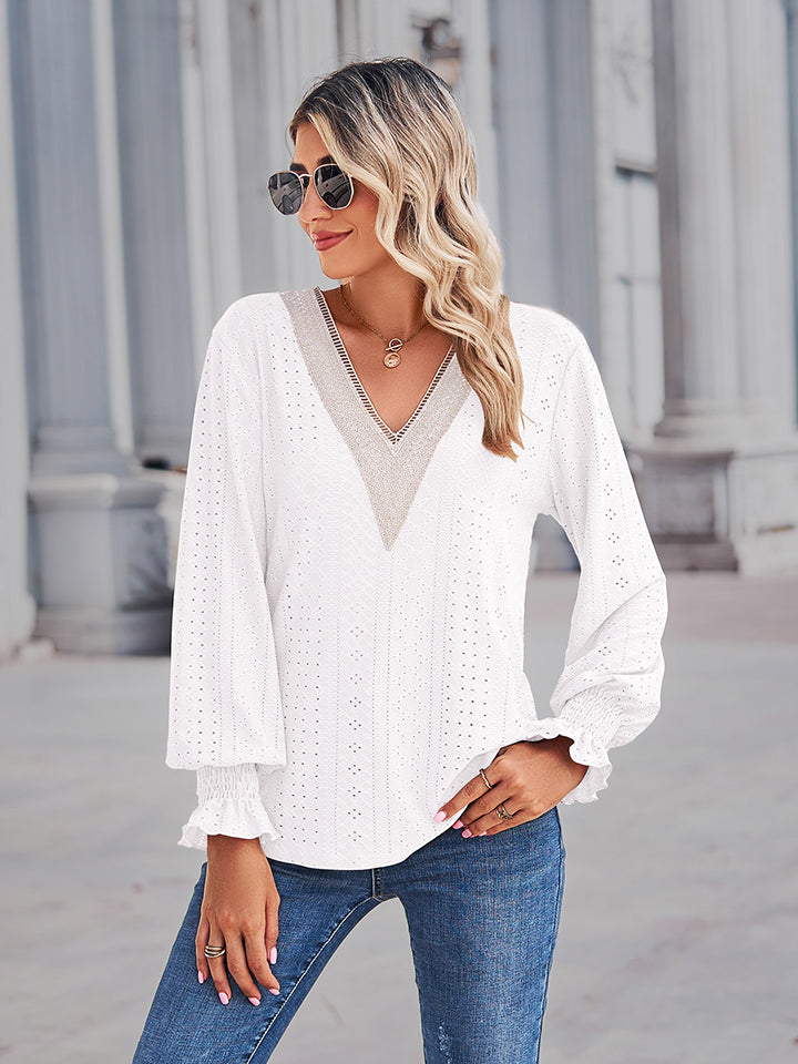 V-Neck Eyelet Flounce Sleeve Blouse - RebelReine Apparel & Co.