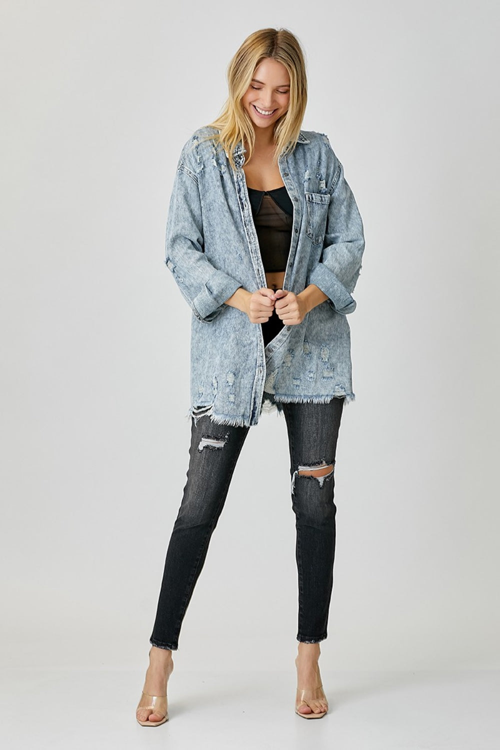 RISEN Distressed Raw Hem Denim Shirt - RebelReine Apparel & Co.