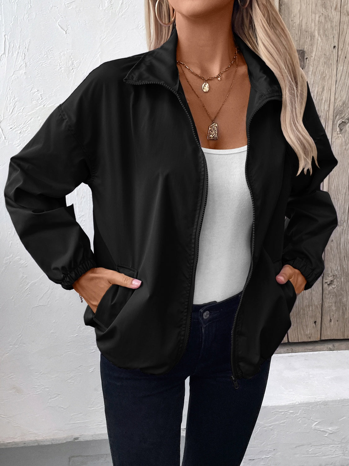 Pocketed Zip Up Long Sleeve Jacket