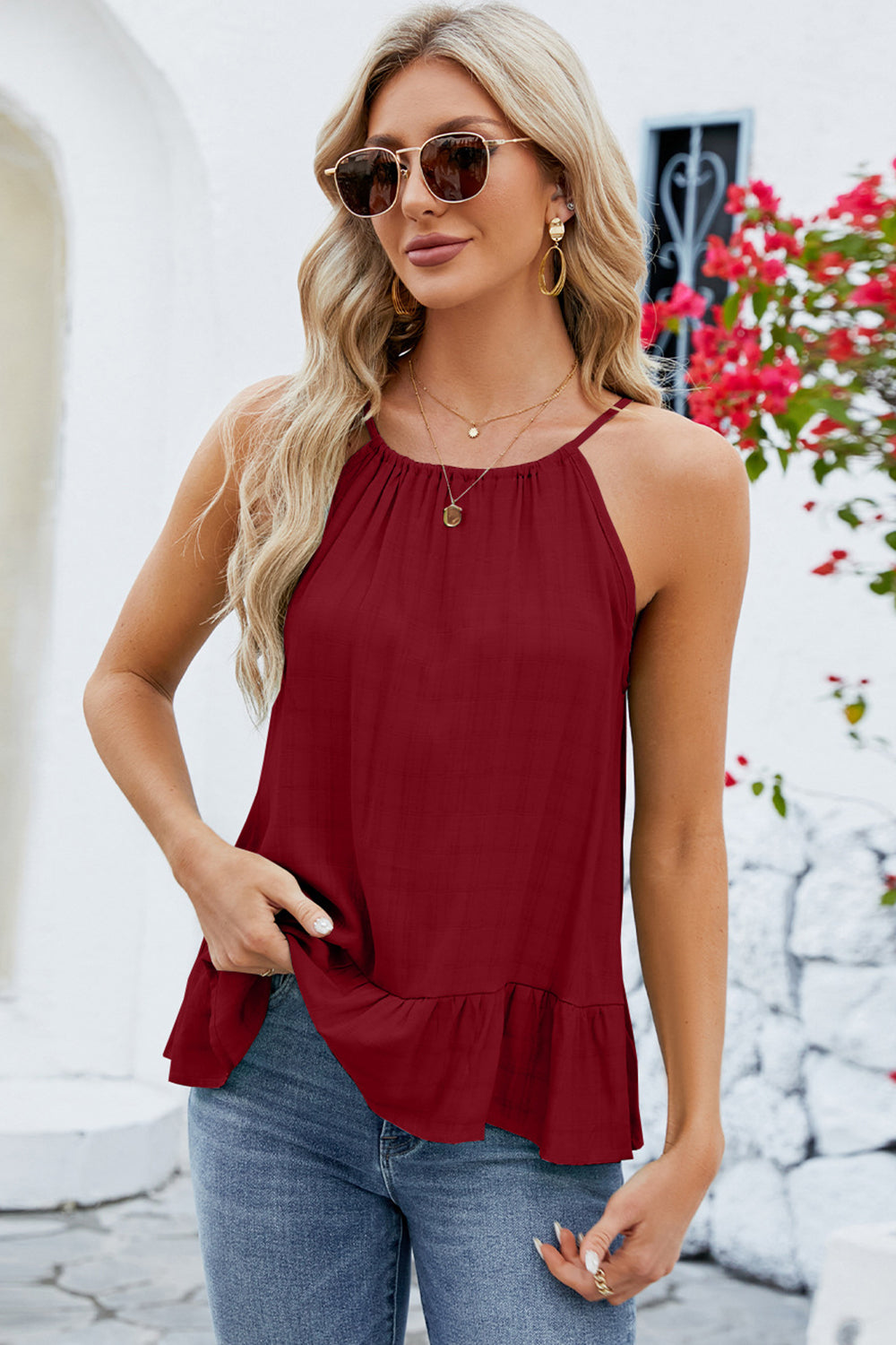 Tied Ruffled Round Neck Cami - RebelReine Apparel & Co.