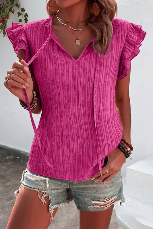 Ruffled Tie Neck Cap Sleeve Blouse - RebelReine Apparel & Co.