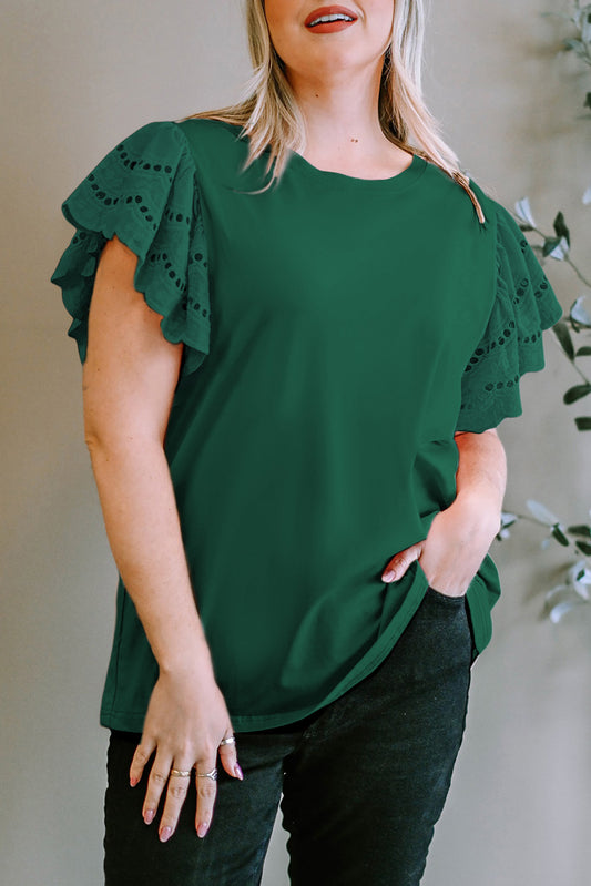 Plus Size Eyelet Round Neck Short Sleeve Blouse - RebelReine Apparel & Co.