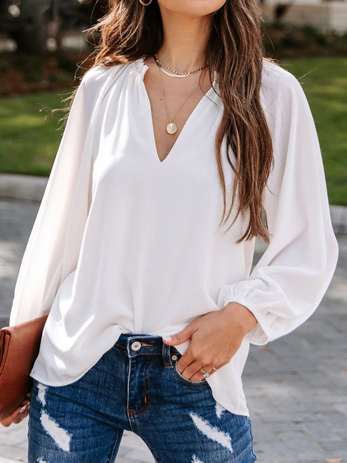 Notched Neck Long Sleeve Blouse - RebelReine Apparel & Co.