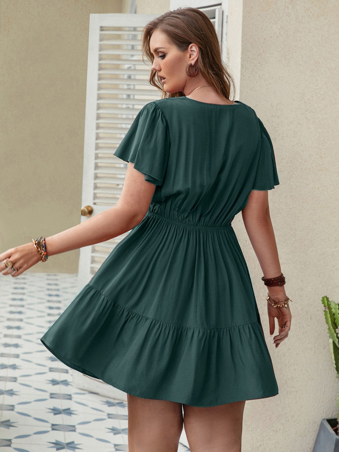 Plus Size Ruffle Hem V-Neck Short Sleeve Dress - RebelReine Apparel & Co.