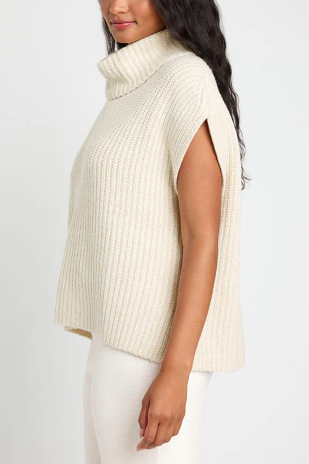 Slit Turtleneck Cap Sleeve Sweater