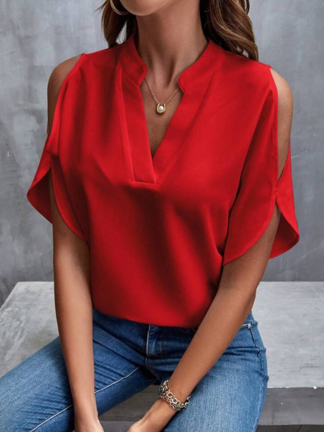 Notched Cold Shoulder Half Sleeve Blouse - RebelReine Apparel & Co.