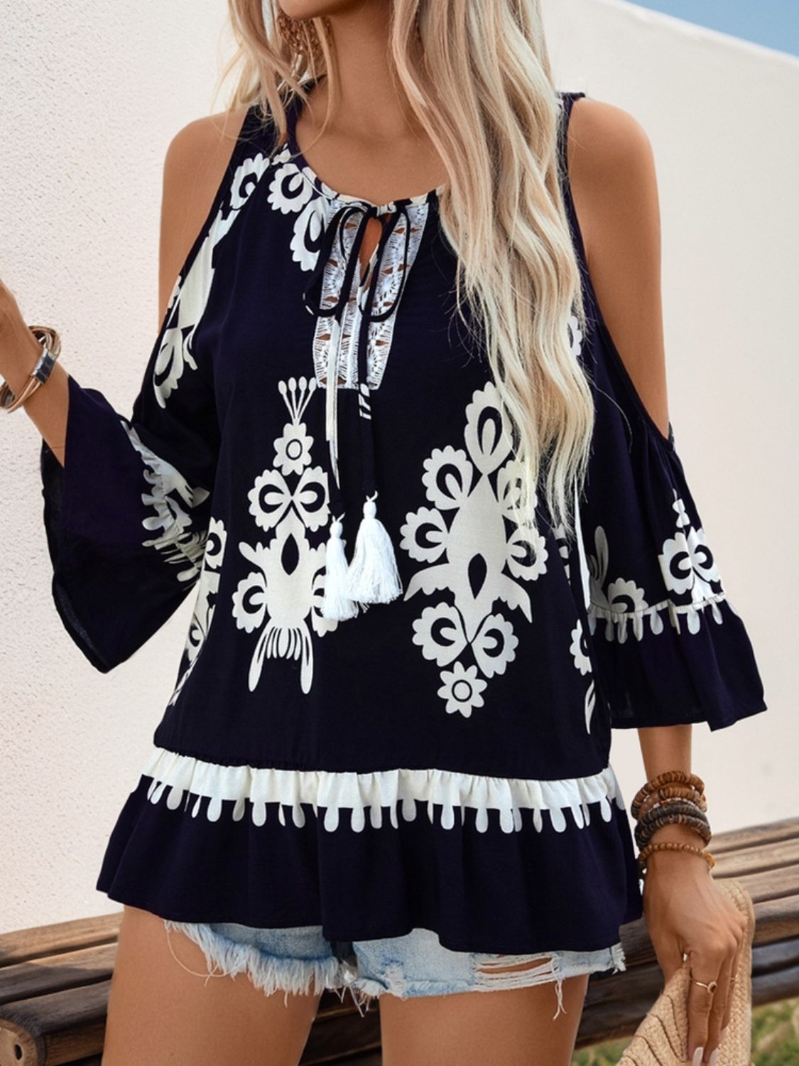 Tassel Printed Tie Neck Cold Shoulder Blouse - RebelReine Apparel & Co.