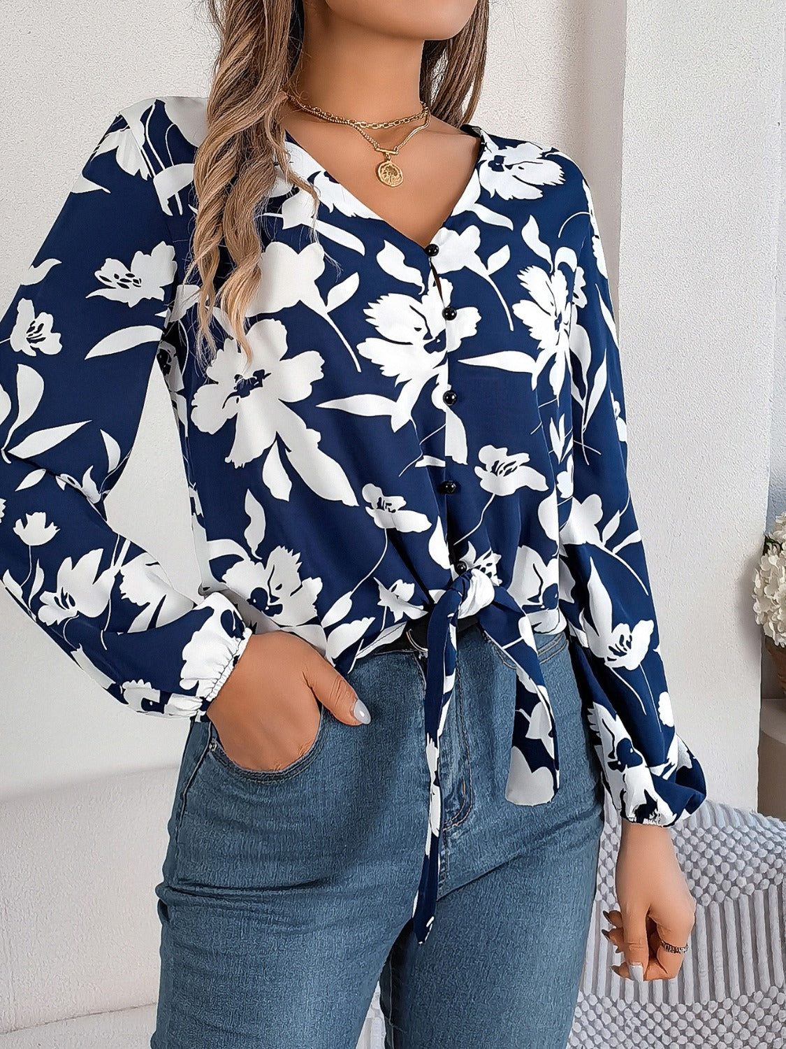 Printed V-Neck Long Sleeve Blouse - RebelReine Apparel & Co.