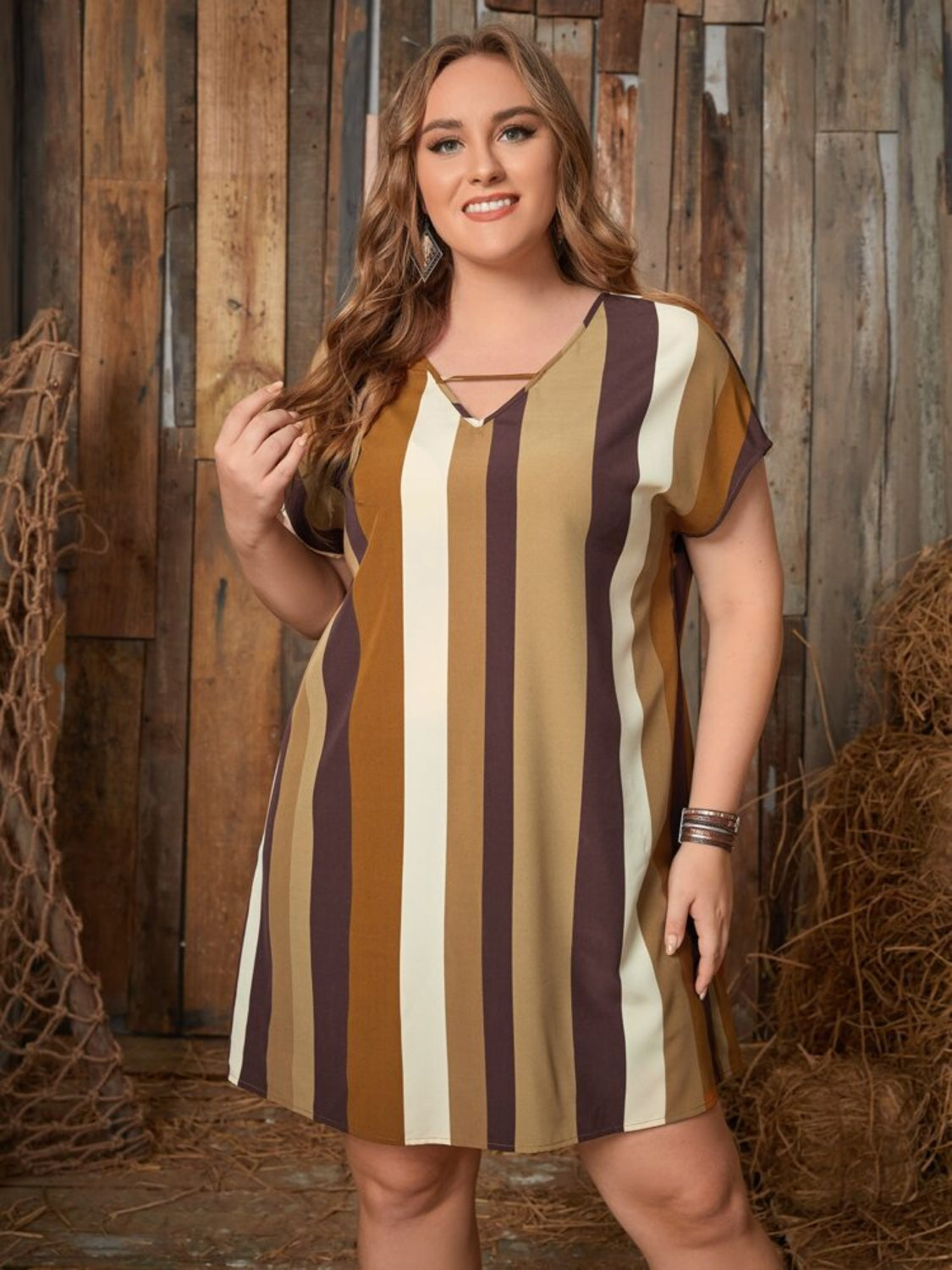 Plus Size Striped Short Sleeve Mini Dress - RebelReine Apparel & Co.