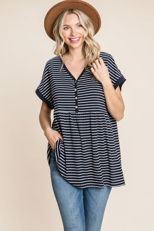 Cotton Bleu by Nu Label Striped Button Front Baby Doll Top - RebelReine Apparel & Co.