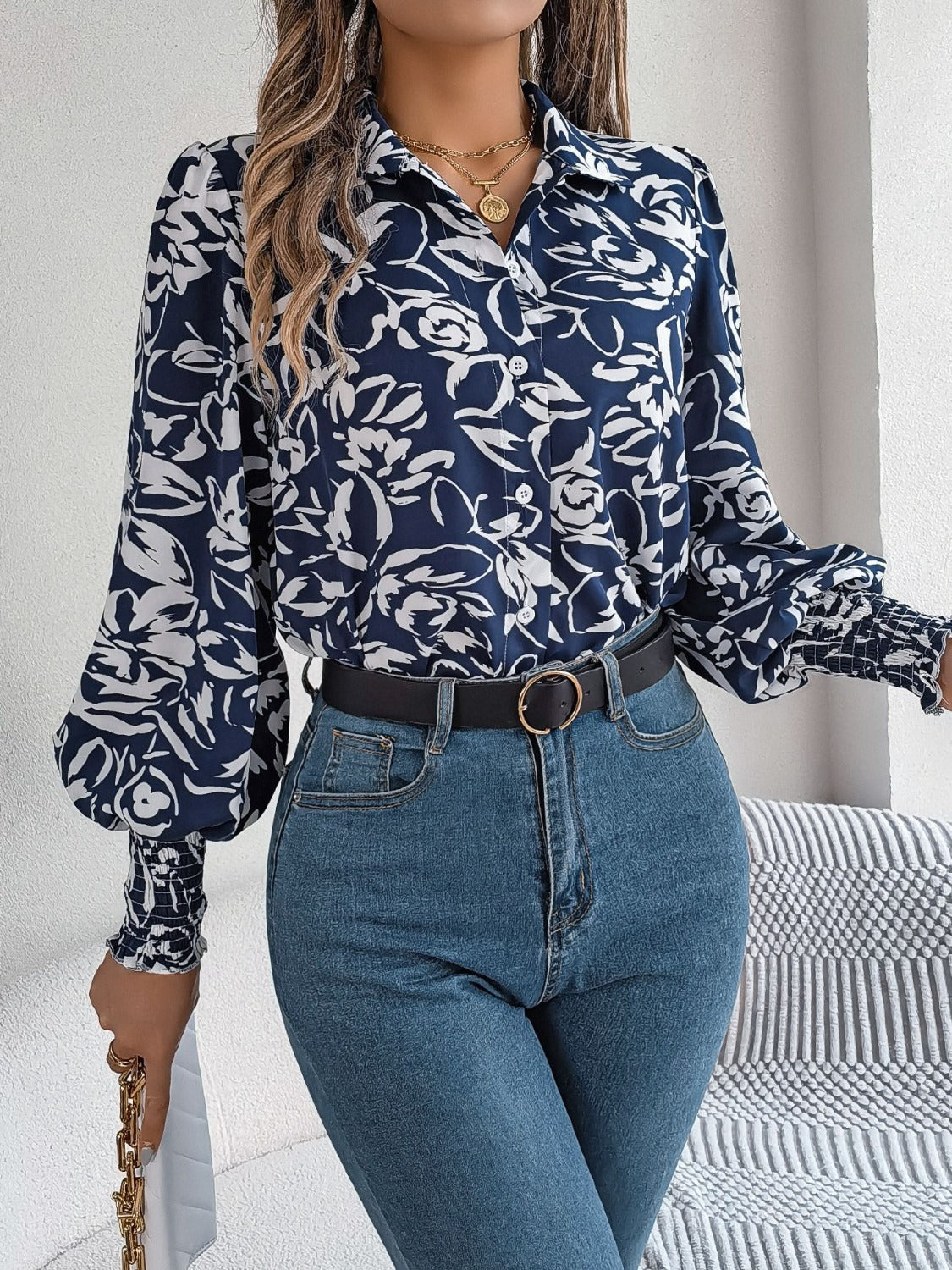 Printed Collared Neck Lantern Sleeve Shirt - RebelReine Apparel & Co.