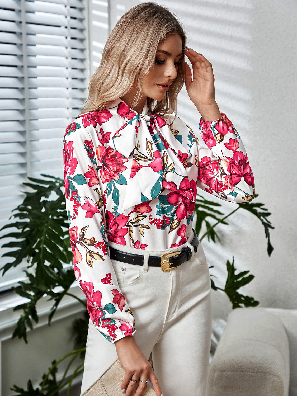 Printed Tie Neck Long Sleeve Blouse - RebelReine Apparel & Co.