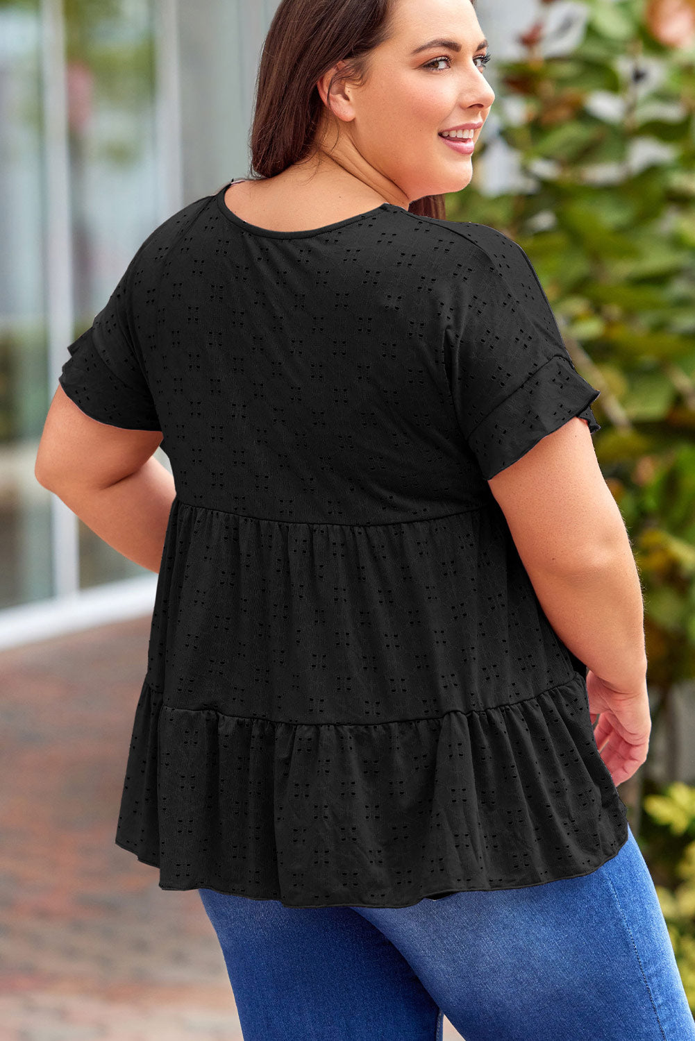 Plus Size Eyelet Round Neck Short Sleeve Blouse - RebelReine Apparel & Co.