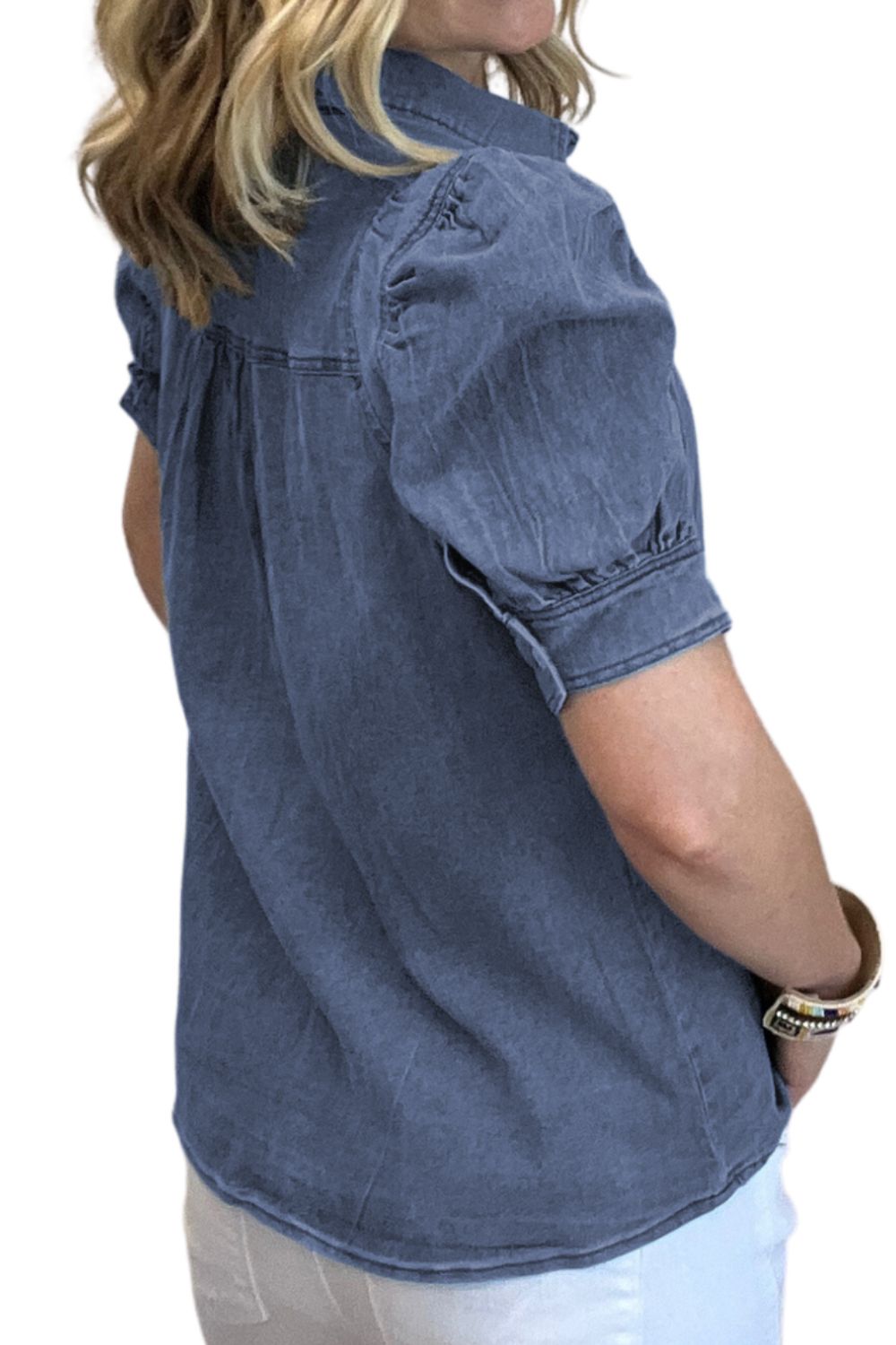 Button Up Puff Sleeve Denim Top - RebelReine Apparel & Co.