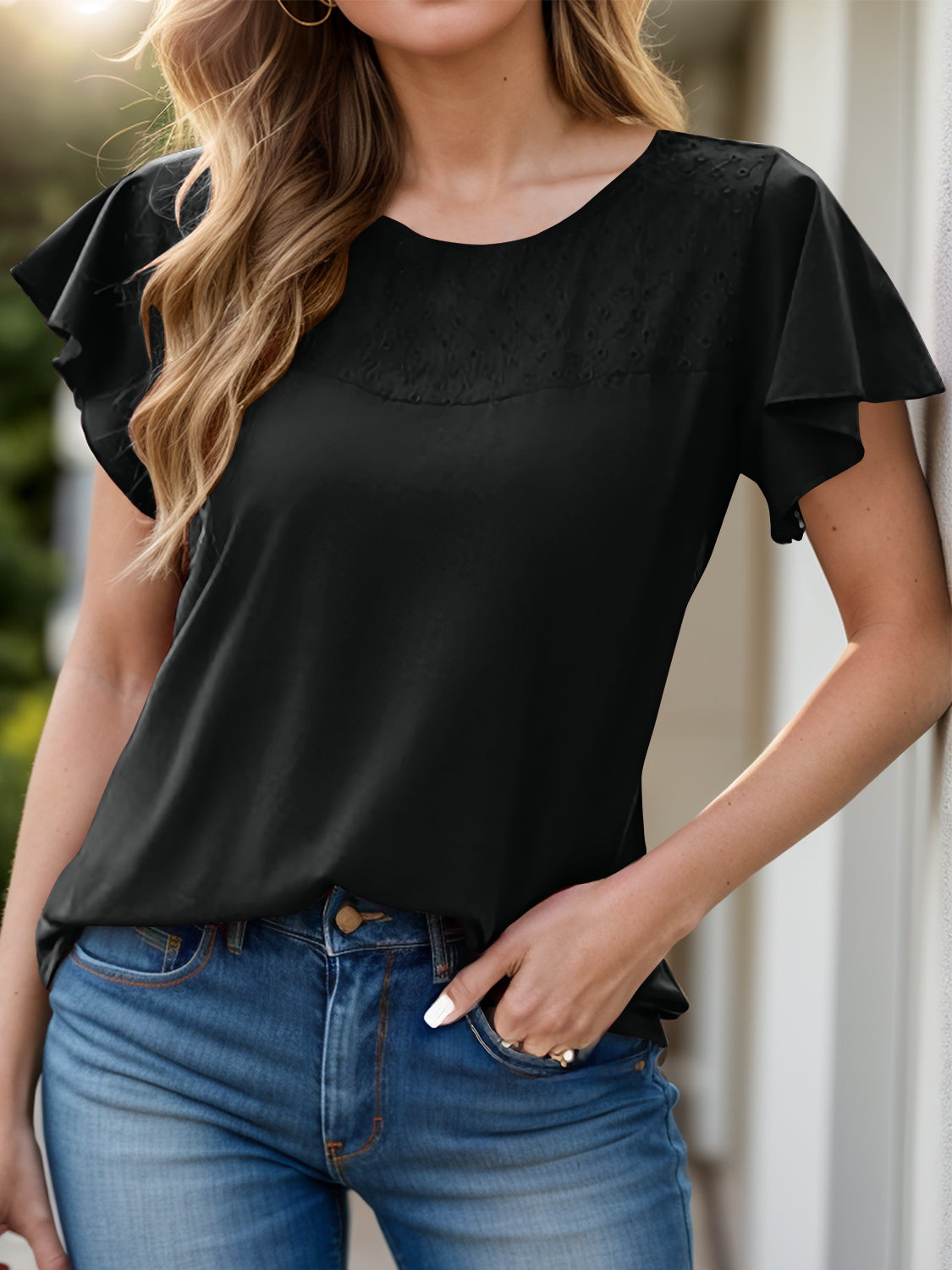 Full Size Ruffled Round Neck Short Sleeve Blouse - RebelReine Apparel & Co.