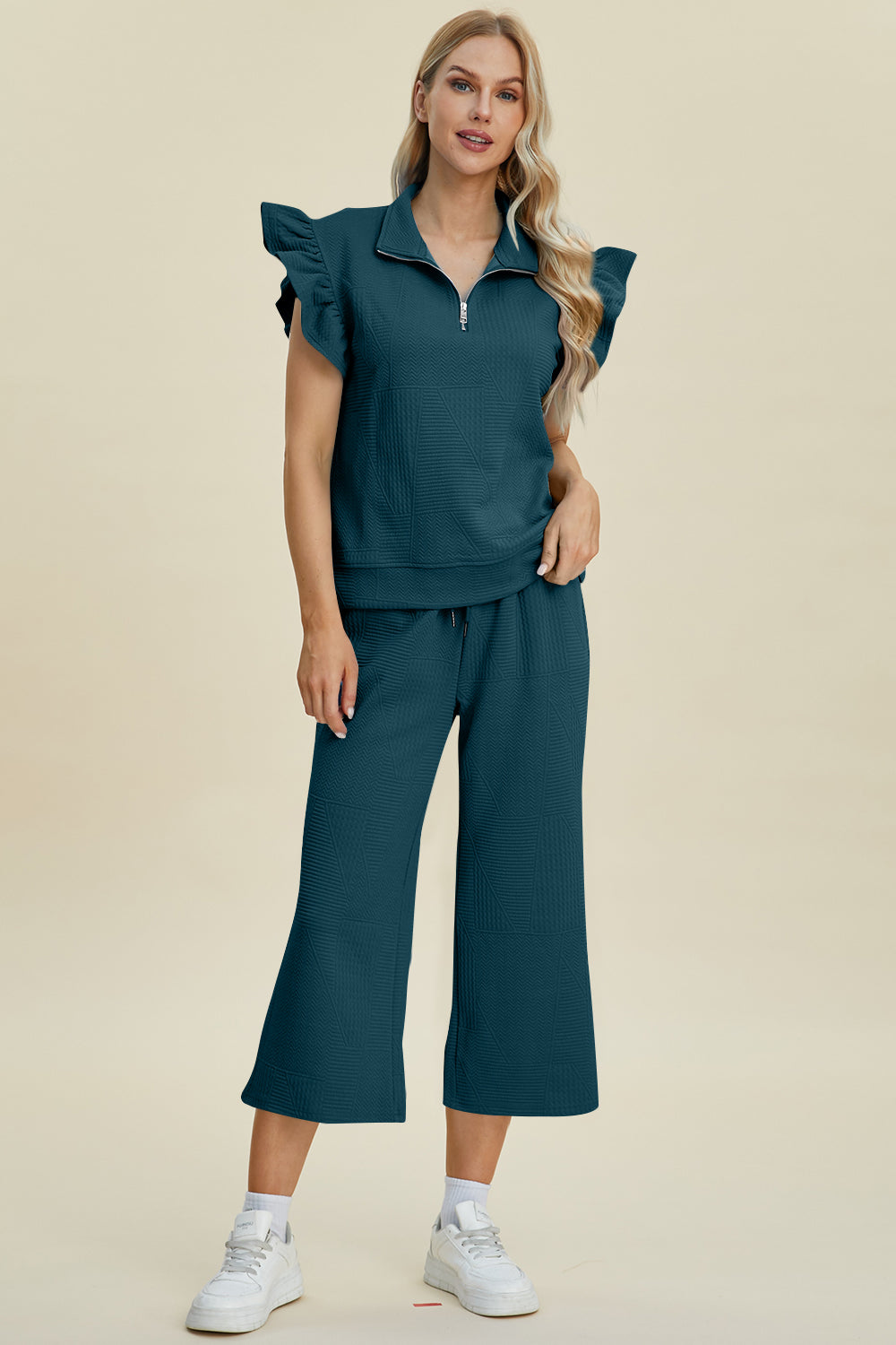 Double Take Full Size Texture Ruffle Short Sleeve Top and Wide Leg Pants Set - RebelReine Apparel & Co.