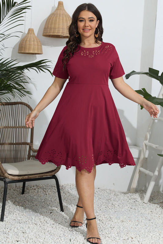 Plus Size Round Neck Openwork Dress - RebelReine Apparel & Co.