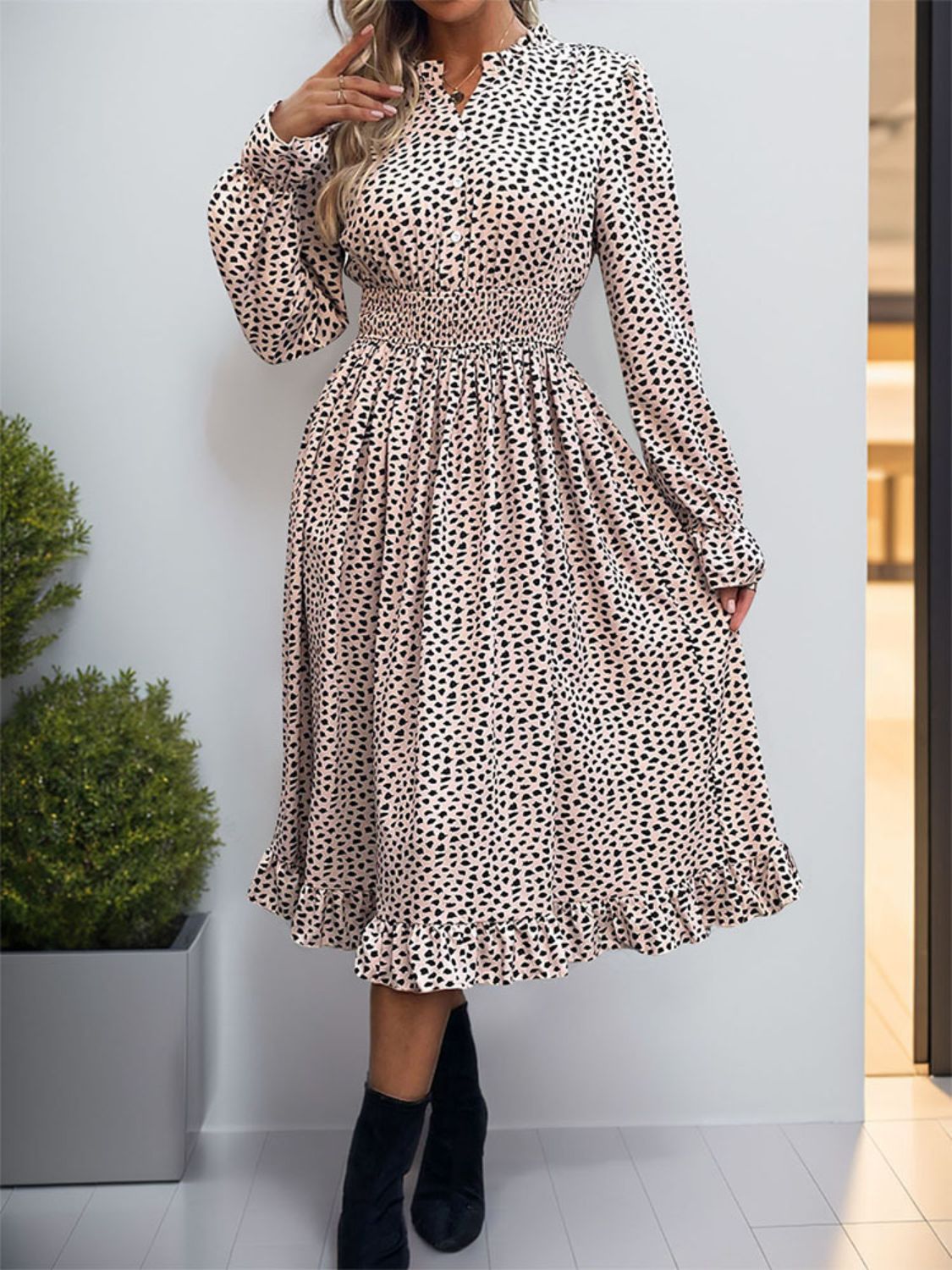 Ruched Ruffled Leopard Long Sleeve Dress - RebelReine Apparel & Co.