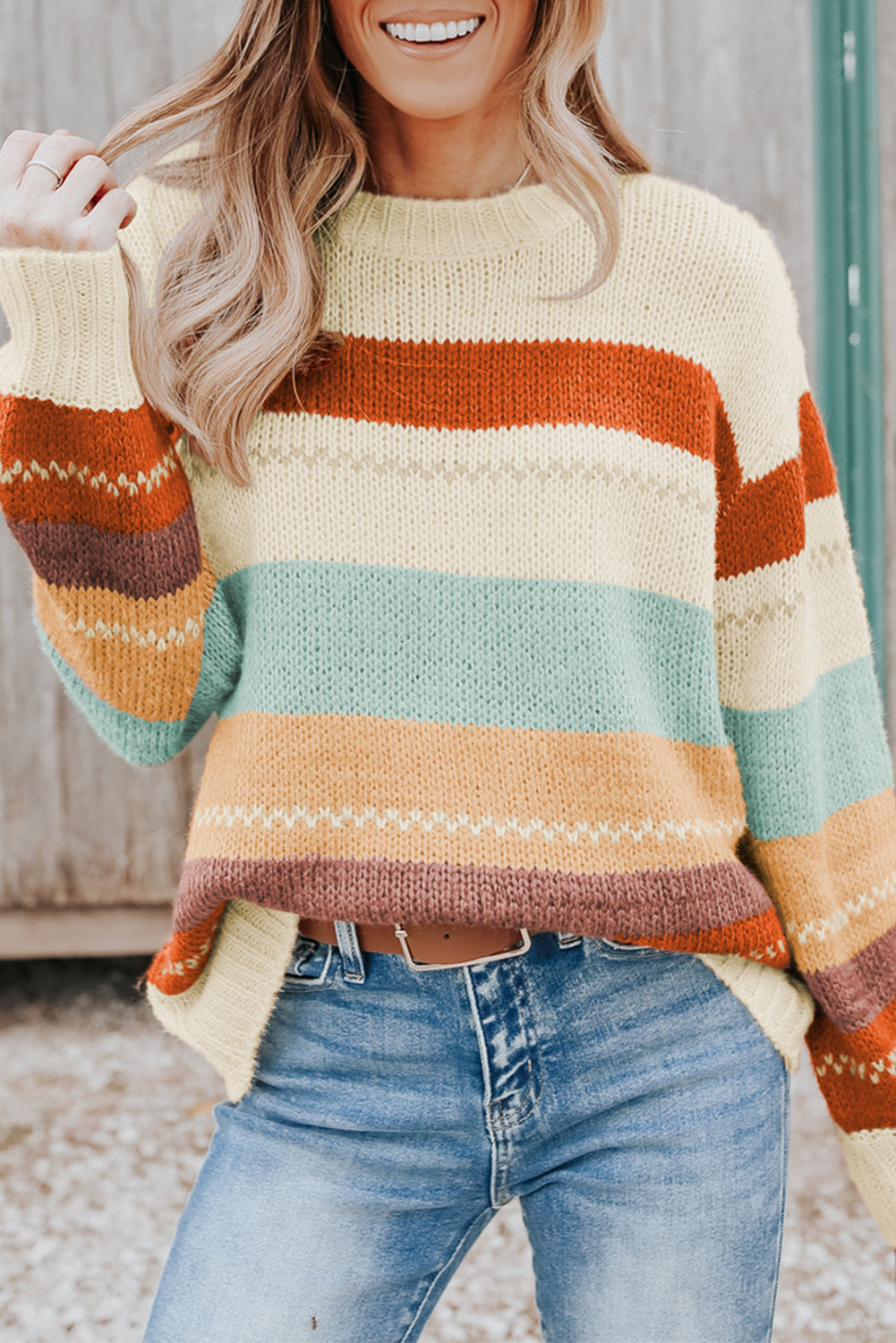 Crew Neck Drop-shoulder Striped Color Block Sweater - RebelReine Apparel & Co.