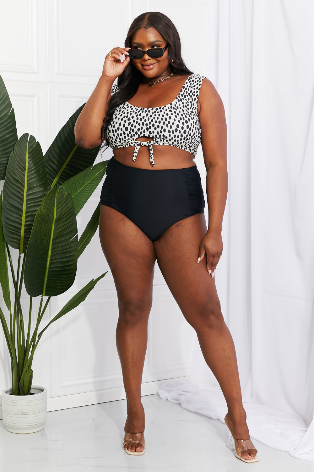 Marina West Swim Sanibel Crop Swim Top and Ruched Bottoms Set in Black - RebelReine Apparel & Co.