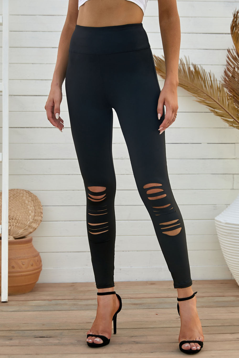 Double Take Wide Waistband Distressed Slim Fit Leggings - RebelReine Apparel & Co.