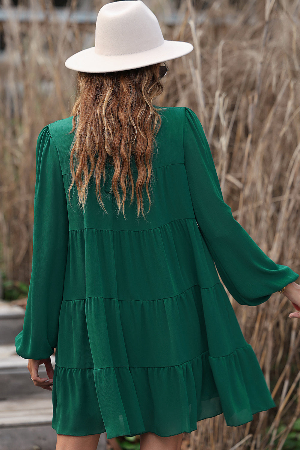 Green Puff Sleeve Mock Neck Back Knot Tiered Dress - RebelReine Apparel & Co.