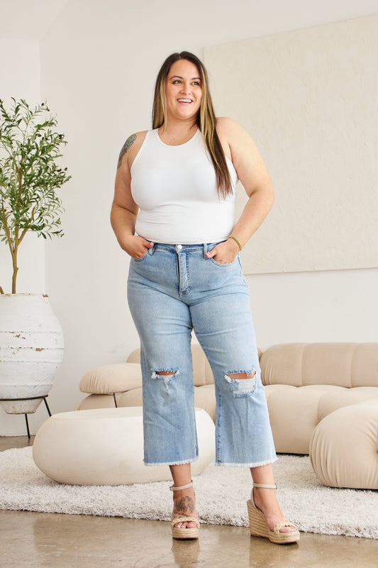 RFM Full Size Tummy Control High Waist Raw Hem Distressed Jeans - RebelReine Apparel & Co.