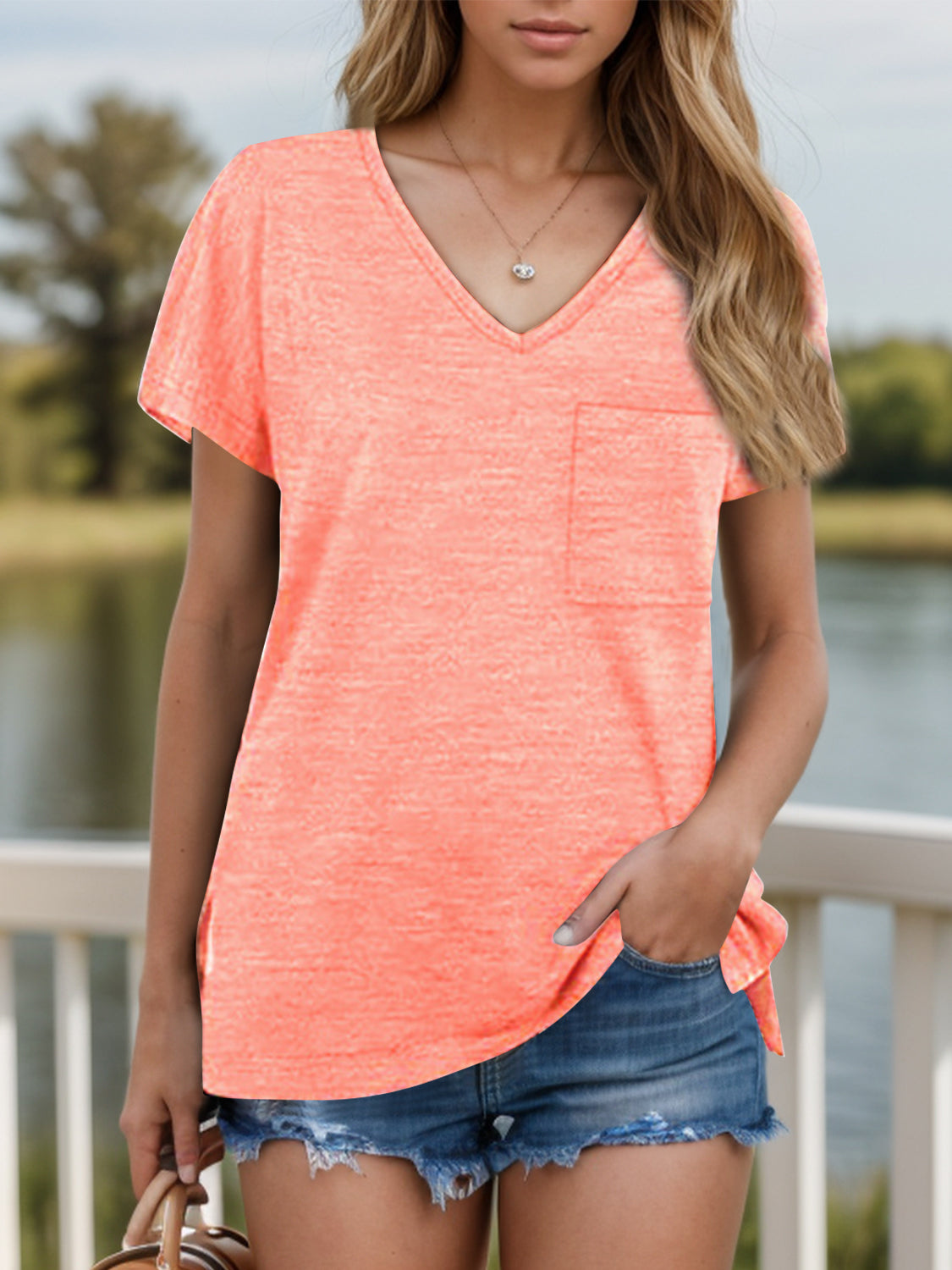 Pocketed Heathered V-Neck Short Sleeve T-Shirt - RebelReine Apparel & Co.