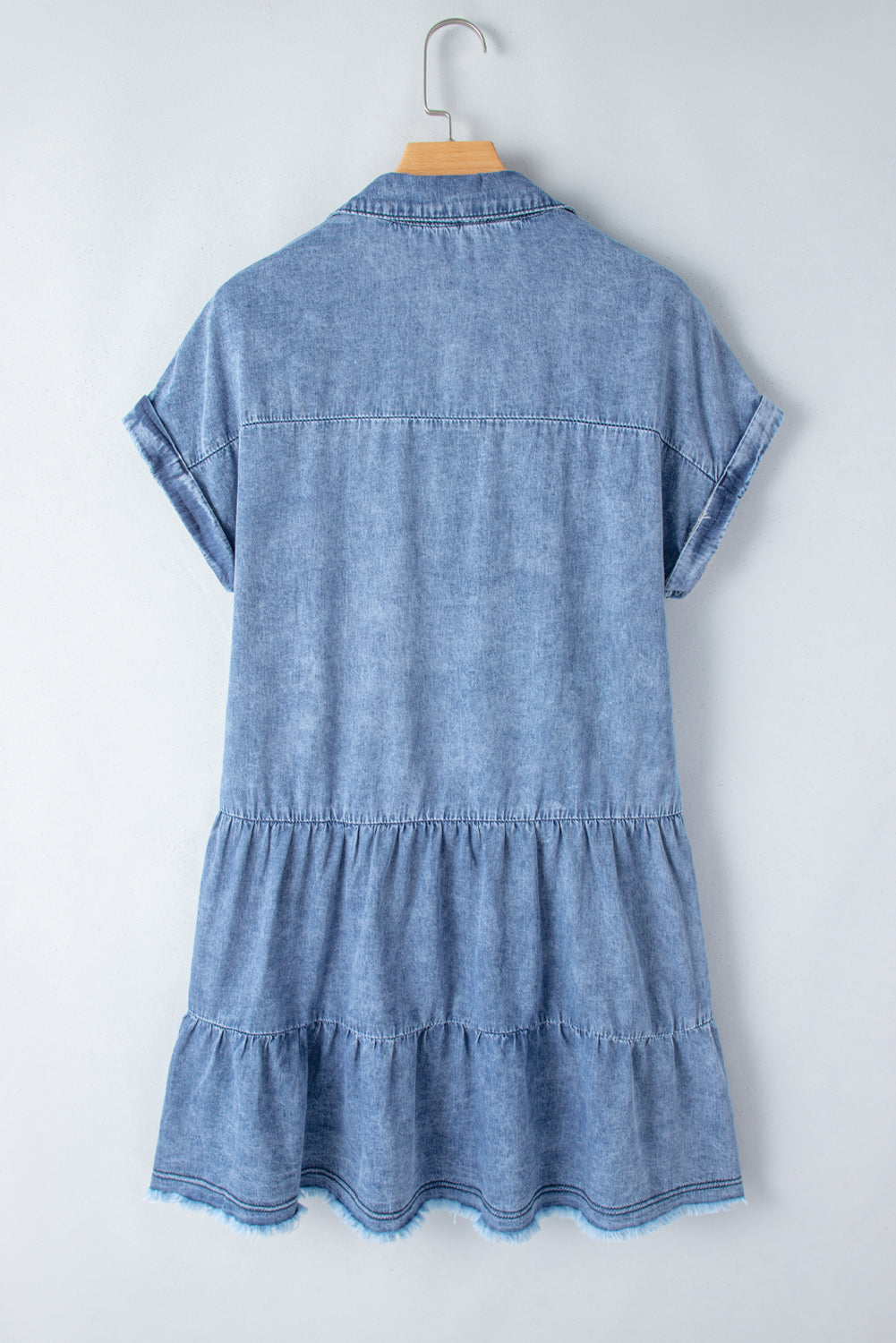 Raw Hem Collared Neck Short Sleeve Denim Dress - RebelReine Apparel & Co.