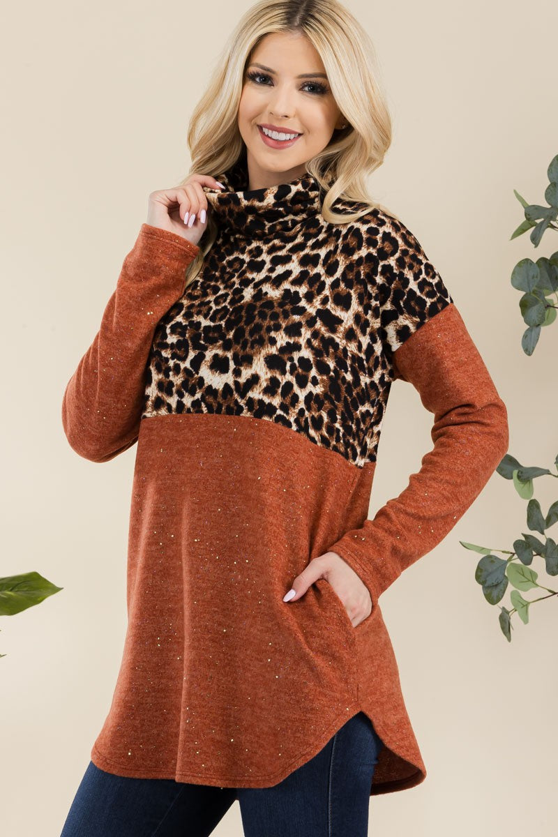 Celeste Full Size Curved Hem Leopard Turtleneck Long Sleeve Blouse