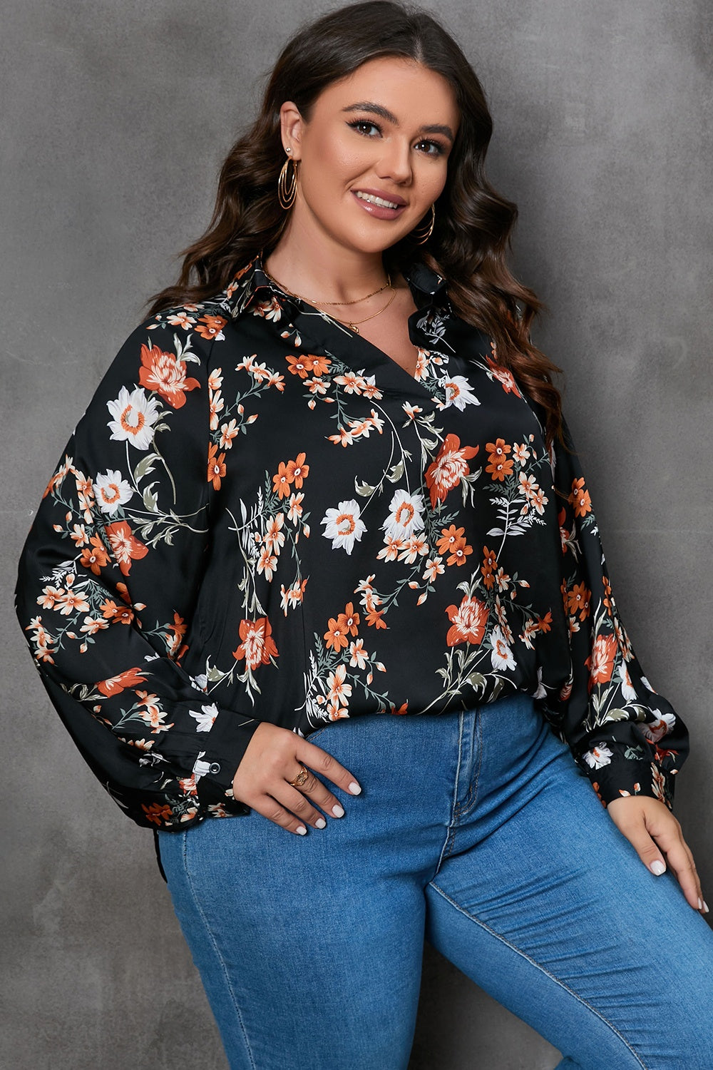 Plus Size Printed Johnny Collar Long Sleeve Blouse - RebelReine Apparel & Co.