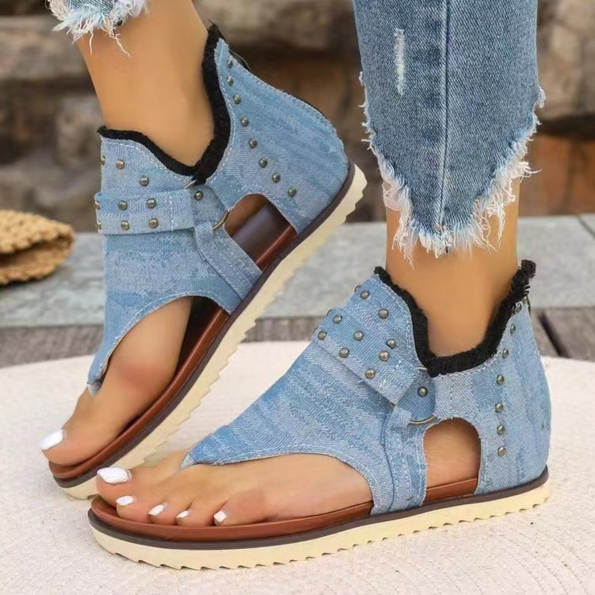 Studded Raw Hem Flat Sandals - RebelReine Apparel & Co.