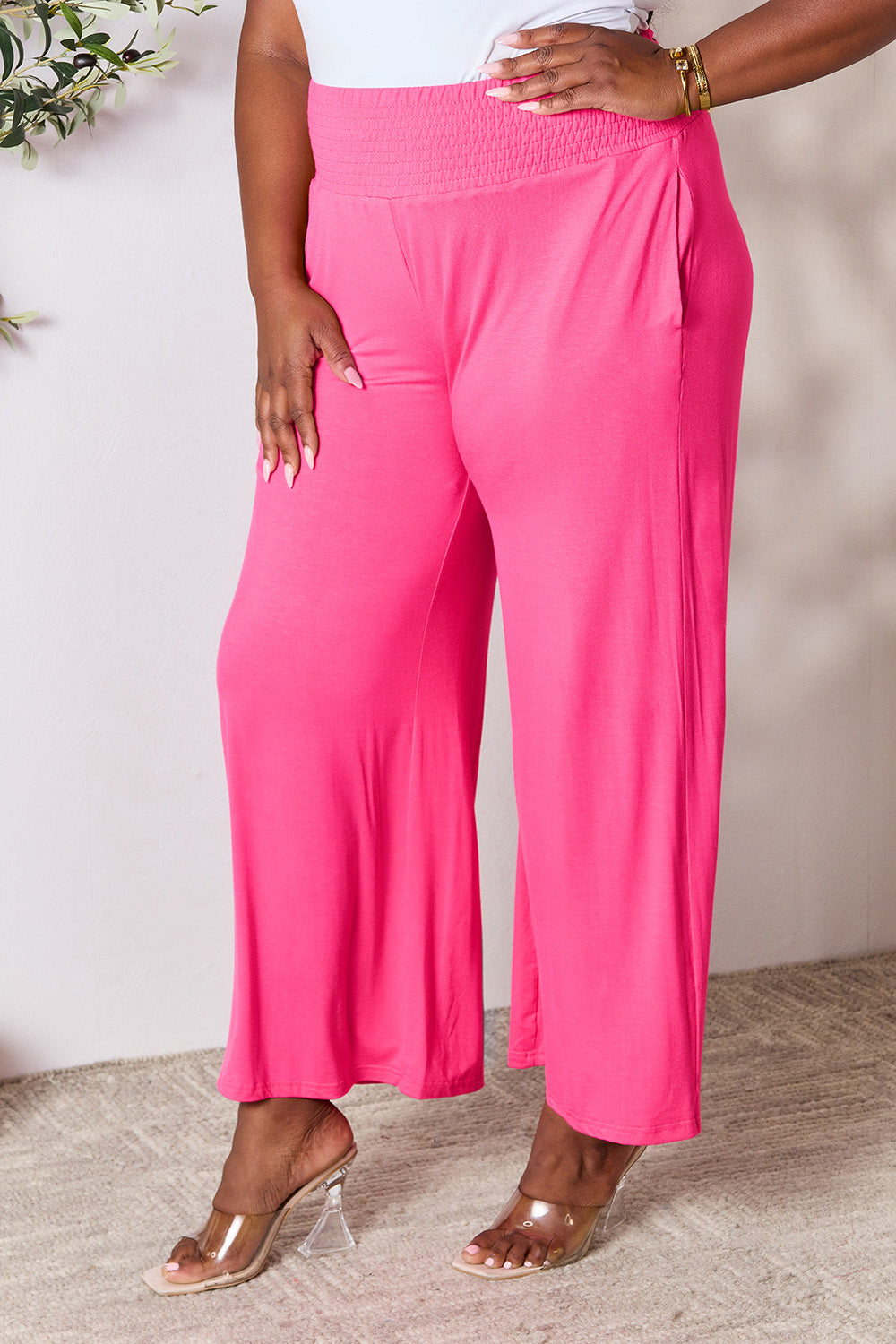 Double Take Full Size Smocked Wide Waistband Wide Leg Pants - RebelReine Apparel & Co.