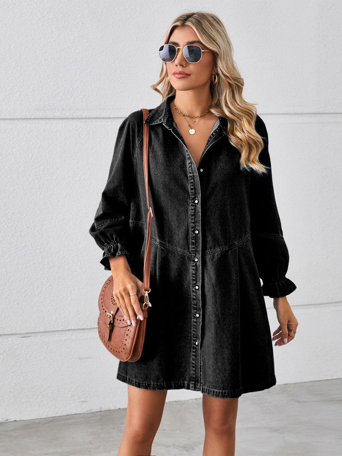 Button Up Flounce Sleeve Mini Denim Dress - RebelReine Apparel & Co.