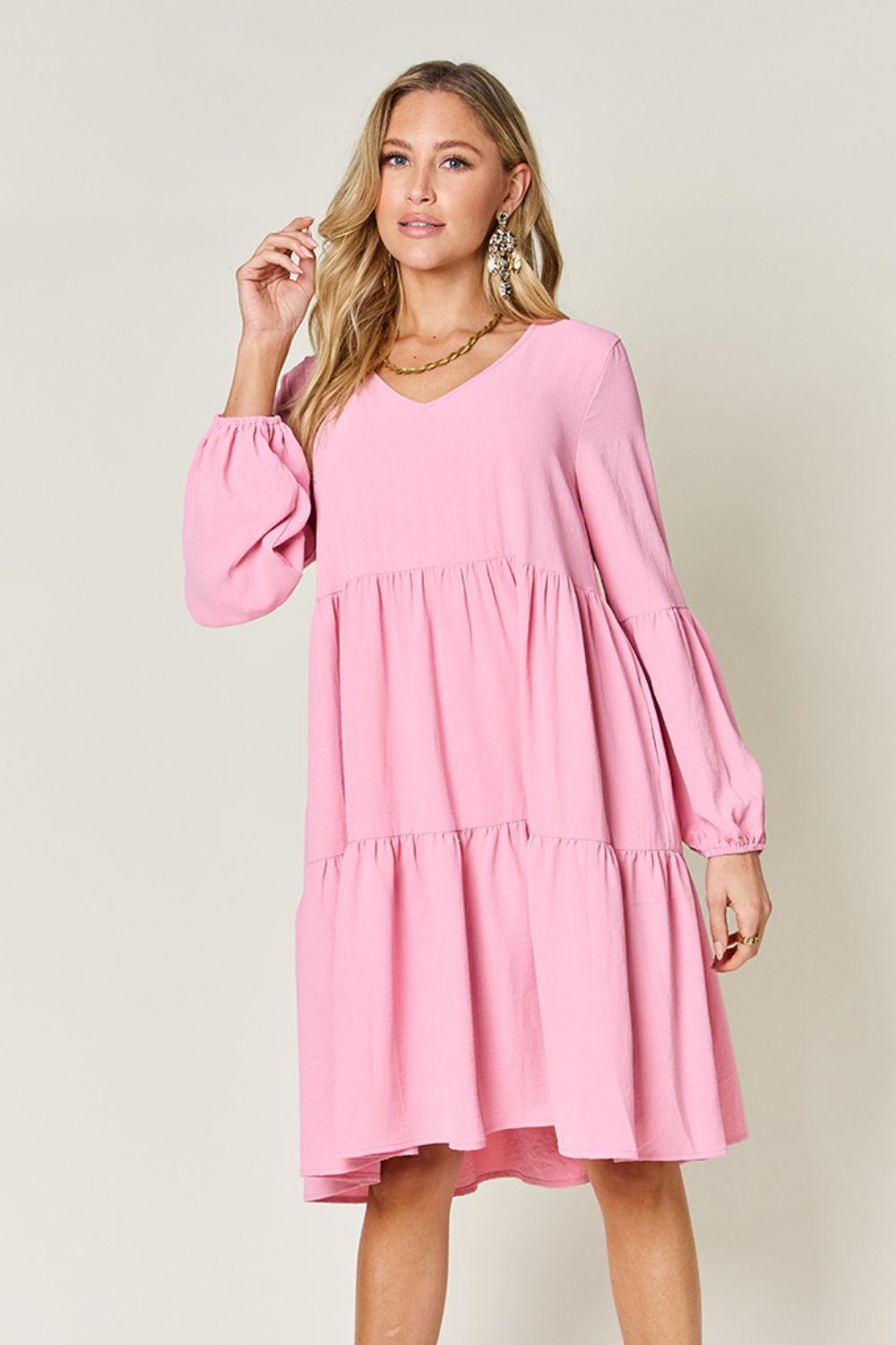 Double Take Full Size V-Neck Balloon Sleeve Tiered Dress - RebelReine Apparel & Co.