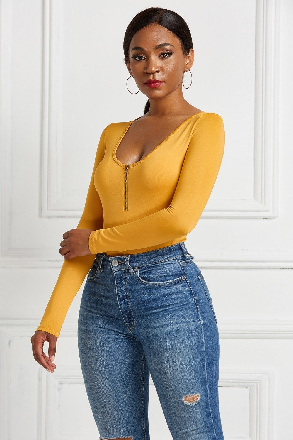 Half Zip Scoop Neck Long Sleeve Bodysuit Trendsi