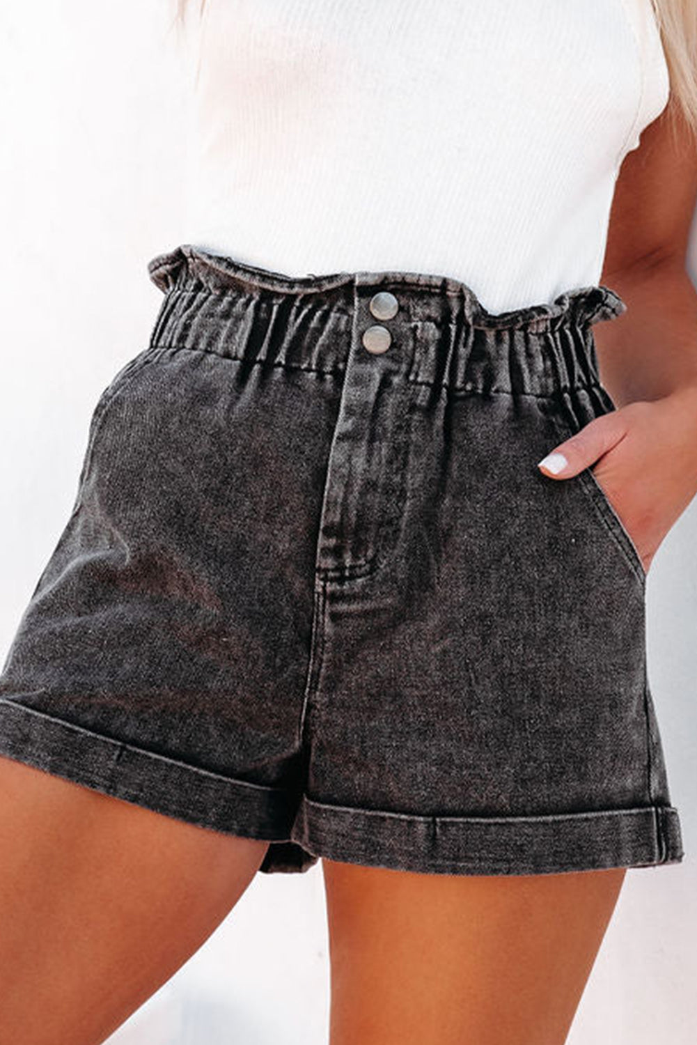 Paperbag Waist Denim Shorts with Pockets - RebelReine Apparel & Co.