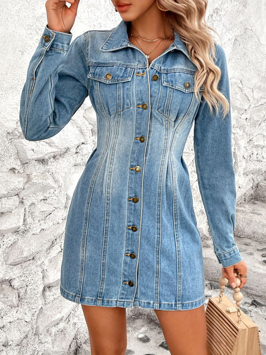 Pocketed Button Up Long Sleeve Denim Dress - RebelReine Apparel & Co.