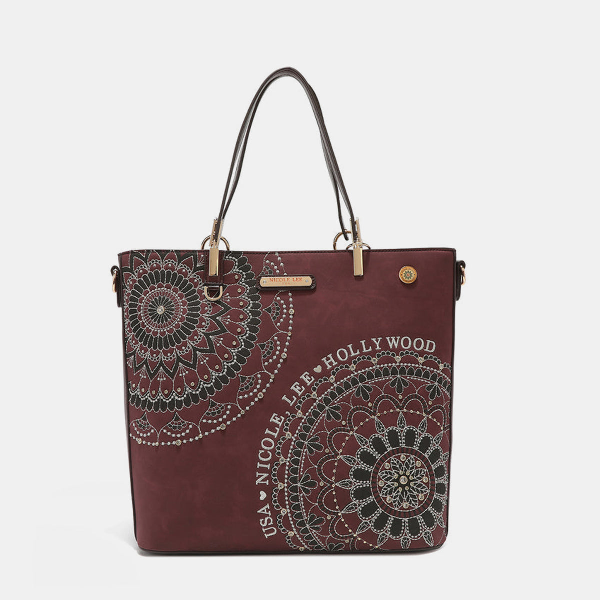 Nicole Lee USA Metallic Stitching Embroidery Inlaid Rhinestone Tote Bag - RebelReine Apparel & Co.