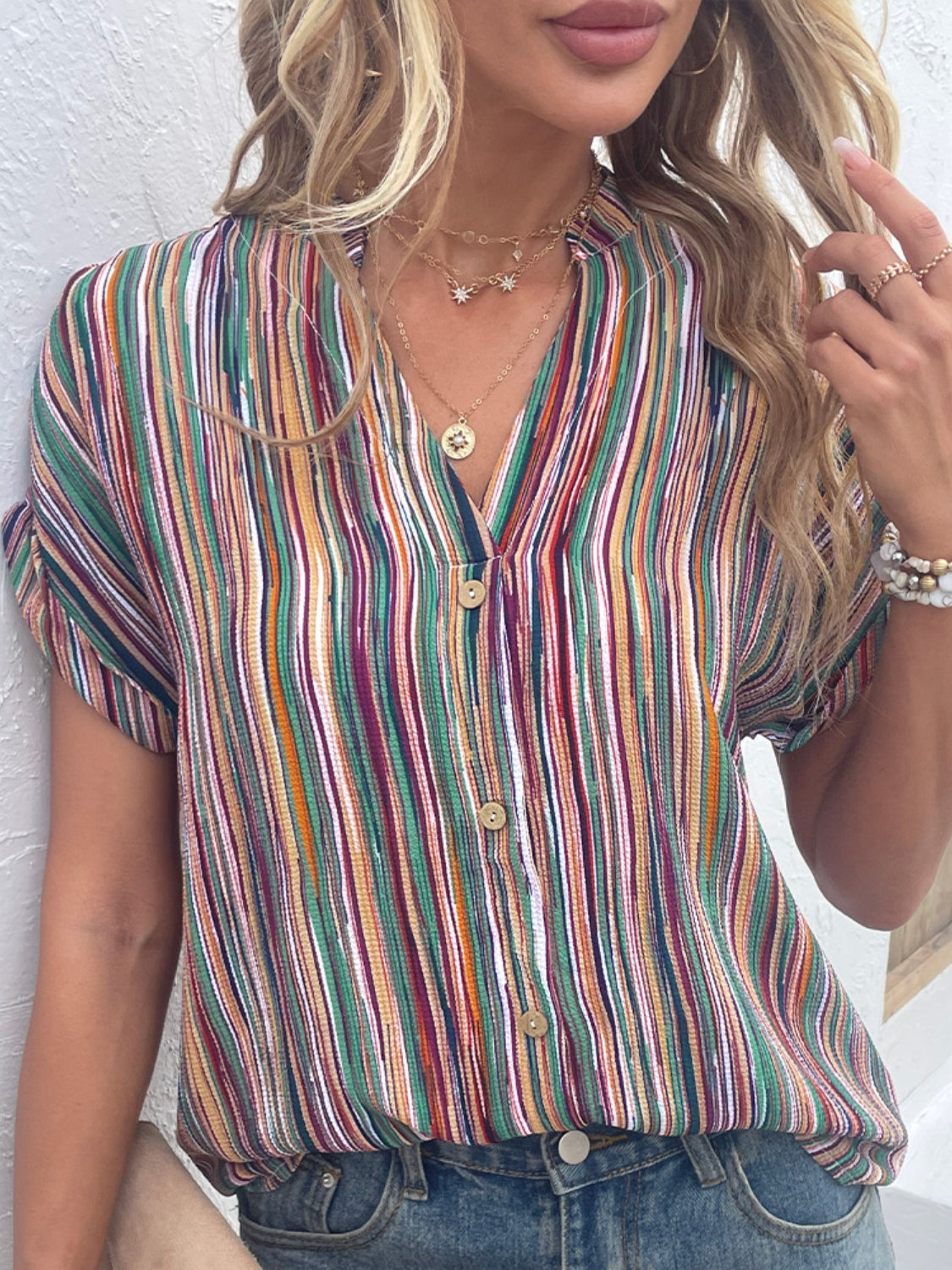 Striped Notched Short Sleeve Blouse - RebelReine Apparel & Co.