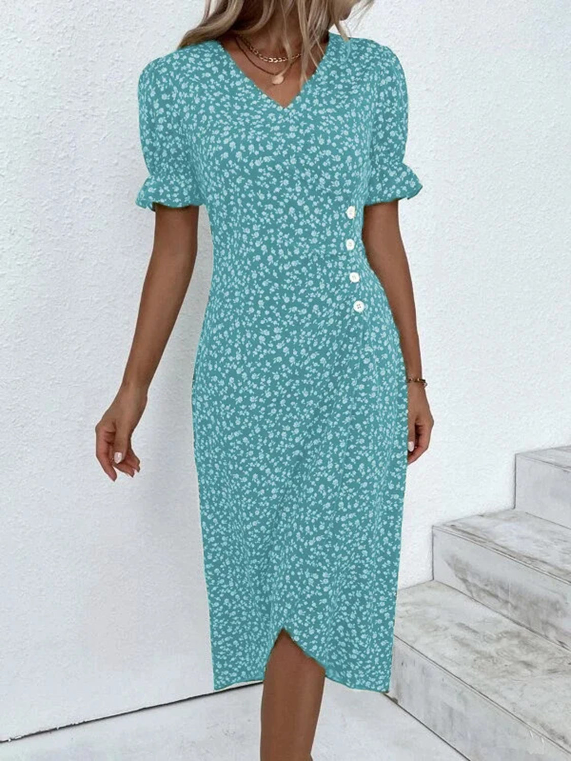 Full Size Printed Surplice Flounce Sleeve Midi Dress - RebelReine Apparel & Co.