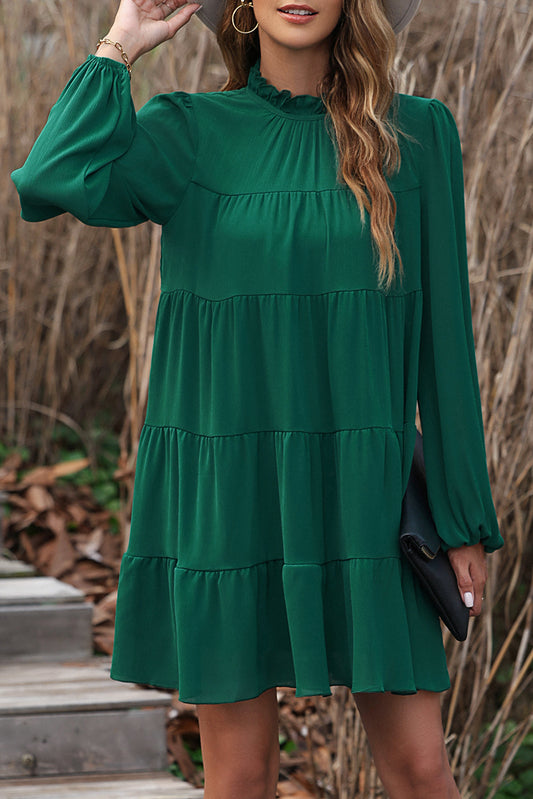 Green Puff Sleeve Mock Neck Back Knot Tiered Dress - RebelReine Apparel & Co.