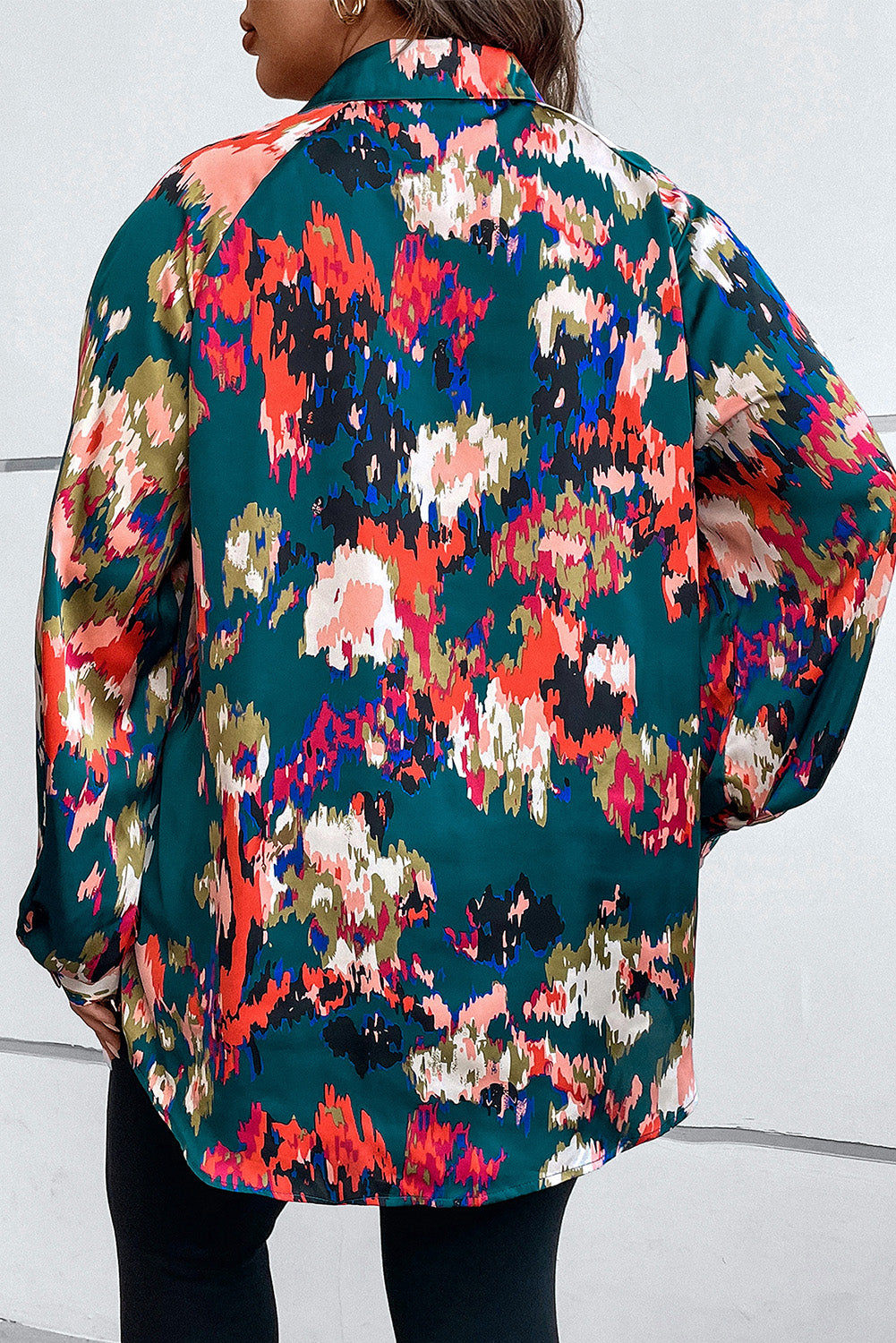 Plus Size Printed Johnny Collar Long Sleeve Blouse - RebelReine Apparel & Co.