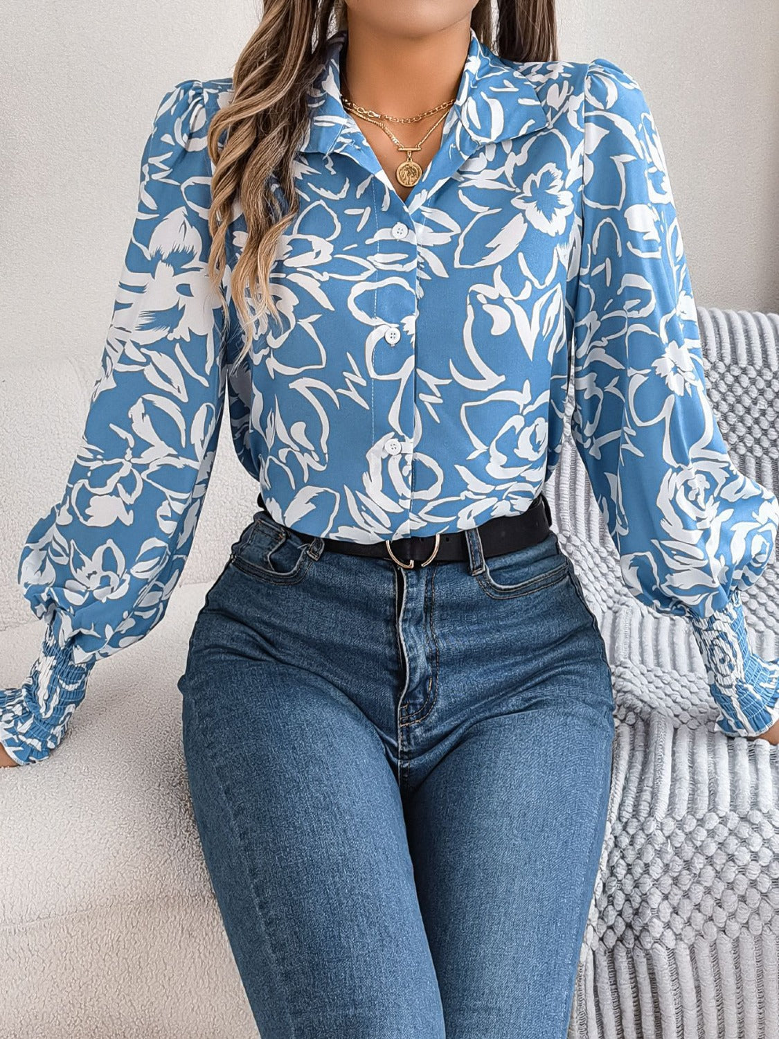 Printed Collared Neck Lantern Sleeve Shirt - RebelReine Apparel & Co.